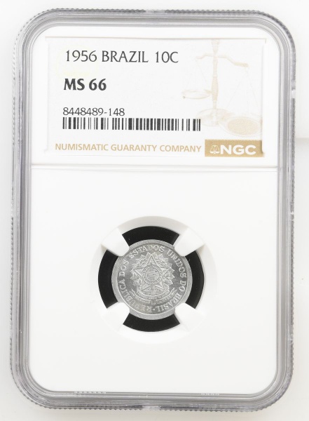 Moeda do Brasil República - 10 Centavos, 1956 FC - A.I.V257.Graduada pela NGC MS66. TOP POP MAIOR GRADUAÇÃO DESSA MOEDA PELA MGC.!!! FLOR DE CUNHO EXCEPCIONA