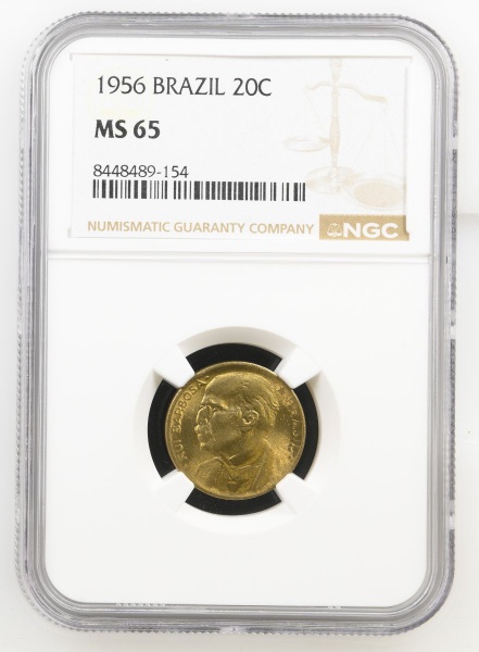 Moeda do Brasil: 20 Centavos 1956 - Al V223 - Bronze - Graduação NGC MS 65-FLOR DE CUNHO EXCEPCIONAL!!!