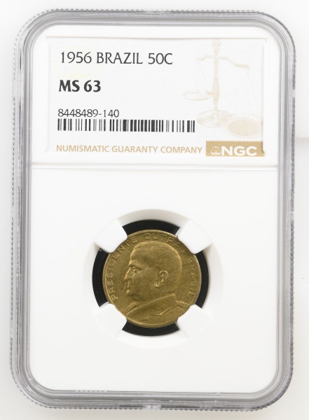 Moeda do Brasil: 50 Centavos 1956 - Al V223 - Bronze - Graduação NGC MS 63 - Flor de Cunho - Alta graduação na NGC
