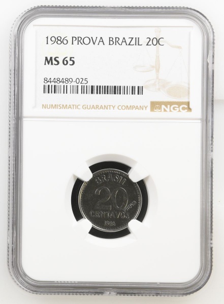 Moeda do Brasil - República -Cruzado- 20 Centavos - 1986 -c/ inscrição PROVA - E357 - FC. Graduada pela NGC MS65. Top Pop Mais alta graduação desta moeda na NGC!!!!