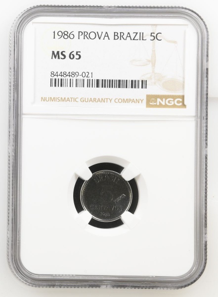 Moeda do Brasil - República -Cruzado- 5 Centavos - 1986 -c/ inscrição PROVA - E353 - FC. Graduada pela NGC MS65 -Flor de Cunho Excepcional