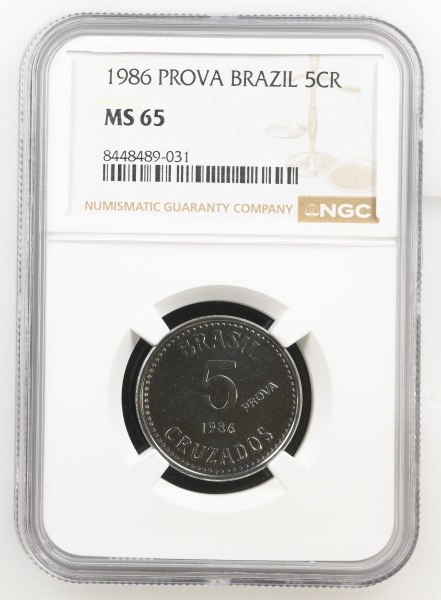 Moeda do Brasil - República -Cruzado- 5 Cruzados - 1986 -c/ inscrição PROVA - E363 - Flor de Cunho Excepcional Graduada pela NGC MS65.