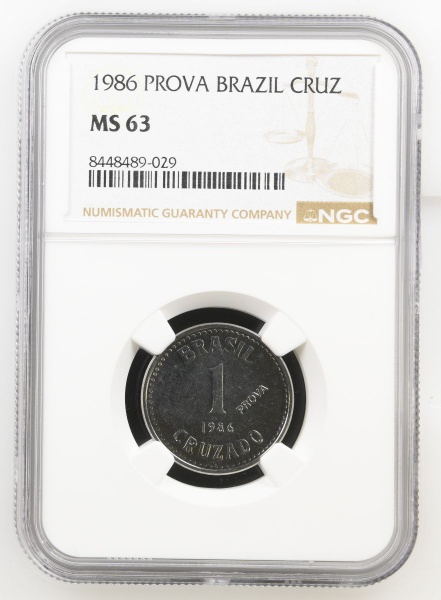 Moeda do Brasil - República -Cruzado- 1 Cruzado - 1986 -c/ inscrição PROVA - E361 - FC. Graduada pela NGC MS63-FLOR DE CUNHO