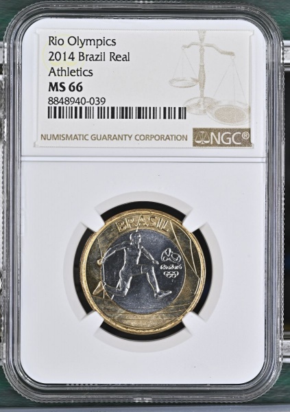 MOEDA DO BRASIL 1 REAL 2014 OLIMPÍADAS RIO 2016 -ATLETISMO- NGC MS 66-FLOR DE CUNHO EXPECIONAL