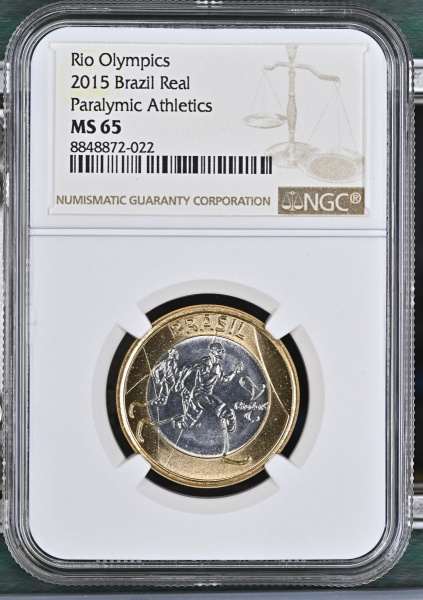 MOEDA DO BRASIL 1 REAL 2015 PARALIMPÍADAS RIO 2016 -ATLETISMO PARALÍMPICO- NGC MS 65- FLOR DE CUNHO EXCEPCIONAL
