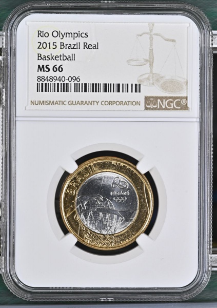 MOEDA DO BRASIL 1 REAL 2015 OLIMPÍADAS RIO 2016 -BASQUETE -NGC MS 66-FLOR DE CUNHO EXCEPCIONAL