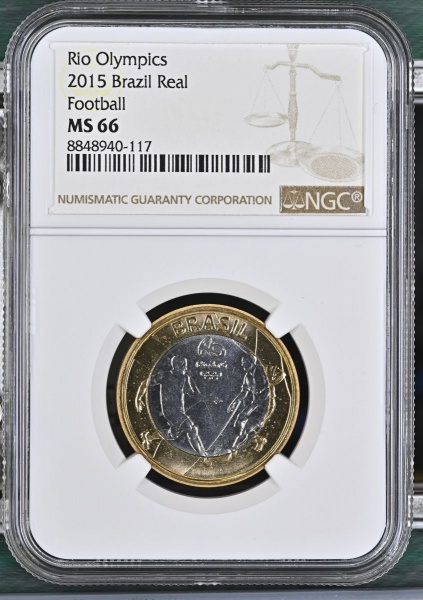 Moeda do Brasil 1 Real Rio 2016 -Futebol -2015 NGC MS 66 Flor de Cunho Excepcional