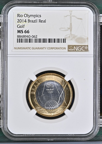 Moeda Brasil 1 Real 2014 Rio 2016 Golfe NGC MS66 Flor de Cunho Excepcional