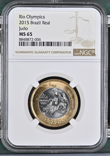 Moeda do Brasil 1 Real Rio 2016 -Judô -2015 NGC MS 65 Flor de Cunho Excepcional