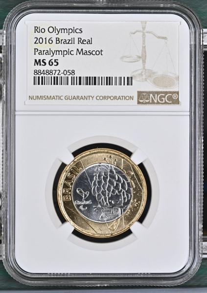 MOEDA DO BRASIL 1 REAL 2016 RIO 2016 MASCOTE PARALÍMPICO TOM NGC MS 65 FLOR DE CUNHO EXCEPCIONAL