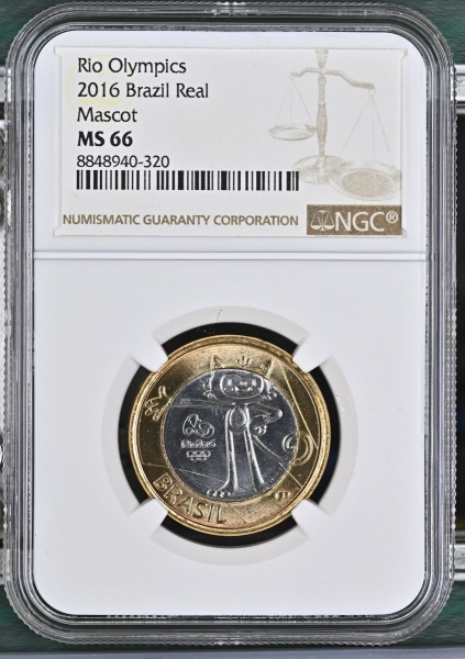 MOEDA DO BRASIL 1 REAL 2016 OLIMPÍADAS RIO 2016 MASCOTE OLÍMPICO VINÍCIUS NGC MS 66 FLOR DE CUNHO EXCEPCIONAL