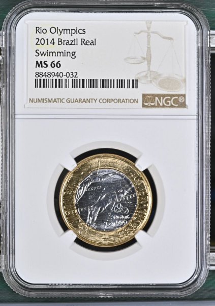MOEDA DO BRASIL 1 REAL 2014 OLIMPÍADAS RIO 2016 -NATAÇÃO- NGC MS 66-FLOR DE CUNHO EXCEPCIONAL