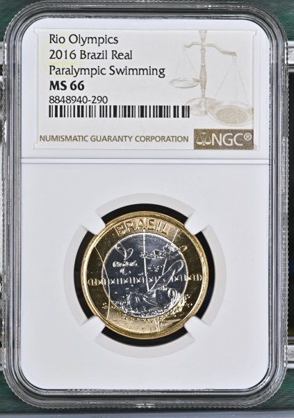 Moeda do Brasil 1 Real Rio 2016 Paralimpíadas -Natação Paralímpica-NGC MS 66 FLOR DE CUNHO EXCEPCIONAL