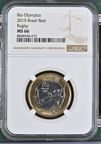 Moeda do Brasil 1 Real Rio 2015 Olimpíadas -Rugby-NGC MS 66 FLOR DE CUNHO EXCEPCIONAL