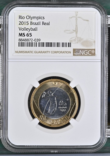 Moeda do Brasil 1 Real Rio 2015 Olimpíadas -Voleibol- NGC MS 65 FLOR DE CUNHO EXCEPCIONAL