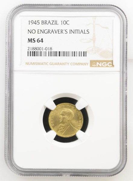 MOEDA - BRASIL - V181-GETÚLIO VARGAS - 10 CENTAVOS 1945 - SEM SIGLA -GRADUADA NGC MS64- SEGUNDA MAIOR GRADUAÇÃO DESSA MOEDA NA NGC-FLOR DE CUNHO