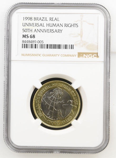 Moeda do Brasil: 1 Real 1998 - 50 Anos da Declaração dos Direitos Humanos - Bimetal - Graduação NGC MS 68 - Flor de Cunho Excepcional - Segunda Maior graduação na NGC