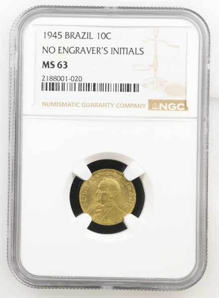 MOEDA - BRASIL - V181-GETÚLIO VARGAS - 10 CENTAVOS 1945 - SEM SIGLA -GRADUADA NGC MS63-FLOR DE CUNHO