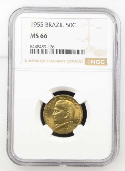 Moeda do Brasil - 50 centavos - 1955 - V222 - General Eurico Gaspar Dutra - Graduada pela NGC como MS66-FLOR DE CUNHO EXCEPCIONAL