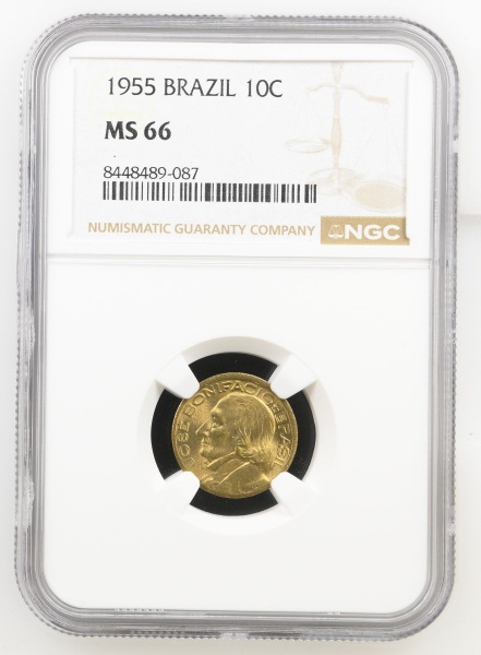 Moeda do Brasil: 10 Centavos 1955 - Al V205 - Bronze - Graduação NGC MS 66 - Flor de Cunho Excepcional- Segunda Mais Alta graduação na NGC para esta moeda.