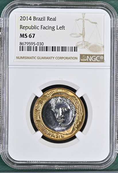 MOEDA DO BRASIL 1 REAL 2014 REPÚBLICA (EFÍGIE À ESQUERDA) NGC MS 67( 2 MAIOR GRADUAÇÃO DA NGC PARA ESTA MOEDA) Flor de Cunho Excepcional. Moeda com baixa tiragem