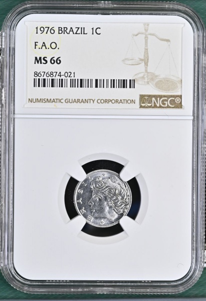 MOEDA DO BRASIL 1 CENTAVO 1976 F.A.O. NGC MS 65 FLOR DE CUNHO EXCEPCIONAL SEGUNDA MAIOR GRADUAÇÃO DESTA MOEDA NA NGC