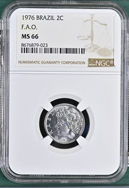 MOEDA DO BRASIL 2 CENTAVOS 1976 F.A.O. NGC MS 66 FLOR DE CUNHO EXCEPCIONAL