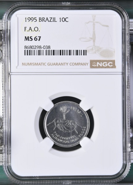 MOEDA DO BRASIL 10 CENTAVOS 1995 F.A.O. (ALIMENTOS PARA TODOS) NGC MS 67 FLOR DE CUNHO EXCEPCIONAL-2 MAIOR GRADUAÇÃO DESTA MOEDA NA NGC