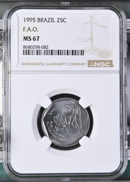 MOEDA DO BRASIL 25 CENTAVOS 1995 F.A.O. (ALIMENTOS PARA TODOS) NGC MS 67 FLOR DE CUNHO EXCEPCIONAL