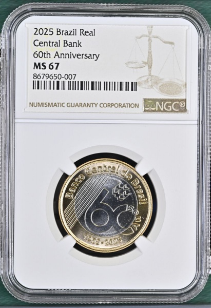 MOEDA DO BRASIL DE 1 REAL COMEMORATIVA- BANCO CENTRAL 60º ANIVERSÁRIO (1965-2025) NGC MS 67 FLOR DE CUNHO EXCEPCIONAL