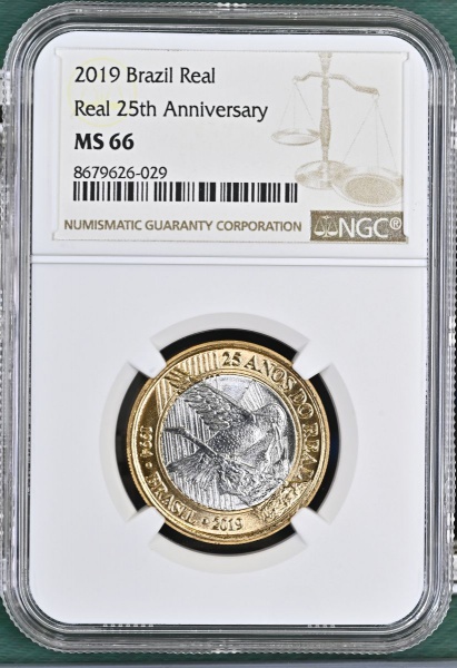 MOEDA DO BRASIL 1 REAL 2019 BEIJA FLOR 25 ANOS DO REAL (1994-2019) NGC MS 66 FLOR DE CUNHO EXCEPCIONAL