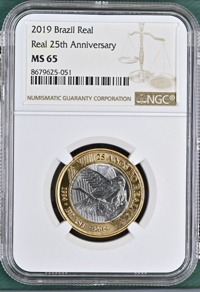 MOEDA DO BRASIL 1 REAL 2019 BEIJA FLOR 25 ANOS DO REAL (1994-2019) NGC MS 65 FLOR DE CUNHO EXCEPCIONAL