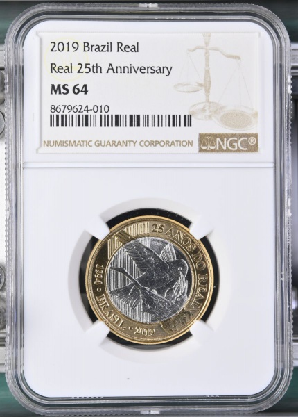 MOEDA DO BRASIL 1 REAL 2019 BEIJA FLOR 25 ANOS DO REAL (1994-2019) NGC MS 64 FLOR DE CUNHO EXCEPCIONAL