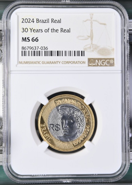 MOEDA DO BRASIL 1 REAL 2024 30 ANOS DO REAL (1994-2024) NGC MS 66 FLOR DE CUNHO EXCEPCIONAL