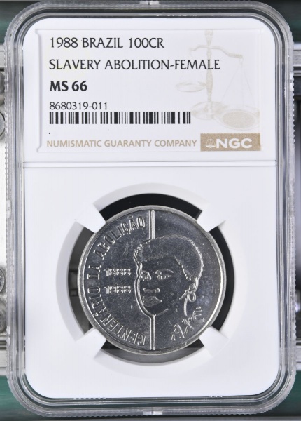 MOEDA DO BRASIL 100 CRUZEIROS 1988 ABOLIÇÃO DA ESCRAVATURA (MULHER) NGC MS 66 TOP POP MAIOR GRADUAÇÃO DESTA MOEDA NA NGC.FLOR DE CUNHO EXCEPCIONAL