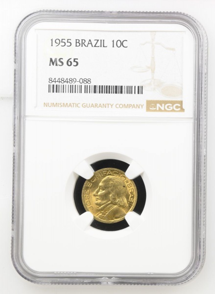 Moeda do Brasil: 10 Centavos 1955 - Al V205 - Bronze - Graduação NGC MS 65 - Flor de Cunho Excepcional-