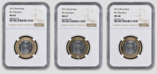 MOEDAS DO BRASIL- CONJUNTO COM 3 MOEDAS DA BANDEIRA OLÍMPICA COM GRADUAÇÕES MS66,MS67 E MS68-TODAS FLOR DE CUNHO EXPECIONAL!!!!
