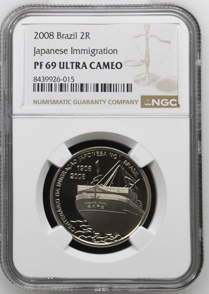 Moeda do Brasil - 2 Reais - 100 Anos da Imigração Japonesa no Brasil 1908-2008 - PROOF - - AI V599. Graduada pela NGC PF 69 ULTRA CAMEO. TOP POP MAIOR GRADUAÇÃO DESTA MOEDA NA NGC!!!Conversa no Modo I