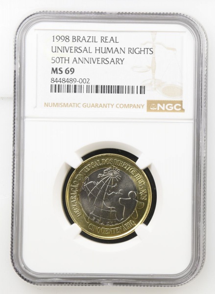 Moeda do Brasil: 1 Real 1998 - 50 Anos da Declaração dos Direitos Humanos - Bimetal - Graduação NGC MS 69 - Flor de Cunho Excepcional - Top Pop, Maior graduação na NGC