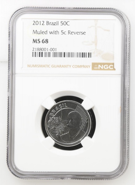 Moeda do Brasil: 50 Centavos sem o zero 2012 - (MULED WITH 5 CENTAVOS REVERSE) Com Reverso de 5 Centavos - Mula - Graduado pela NGC MS 68 - Flor de Cunho Excepcional!!! TOP POP MAIR GRADUAÇÃO DESTA MO