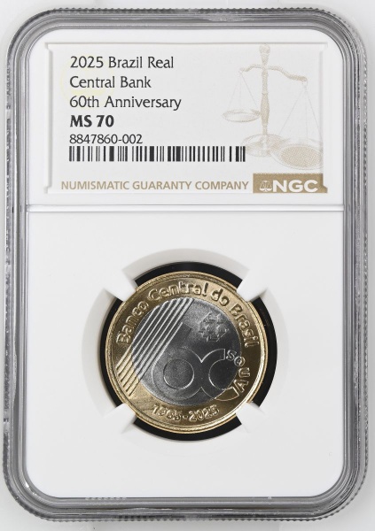 MOEDA DO BRASIL BANCO CENTRAL 60º ANIVERSÁRIO (1965-2025) NGC MS 70 TOP POP(MAIOR GRADUAÇÃO DESTA MOEDA NA NGC) MS 70 representa a classificação Mint State 70 emitida pela Numismatic Guaranty Company
