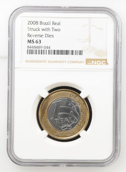 Moeda do Brasil - 1 Real - 2008 - BIFACIAL - Mint Error graduada pela NGC MS 63 - Flor de Cunho- TOP POP Mais alta graduação desta moeda na NGC. Raríssima Moeda de de 1 Real datada de 2008 com erro de