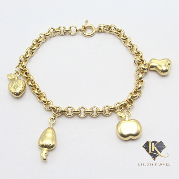 Pulseira Elos Portugueses c/ Pingentes (Frutas) em Ouro Amarelo 18K, 18,5cm de comprimento, Peso de 8.8 gr. Acompanha Certificado de Garantia Leilões Karmel.