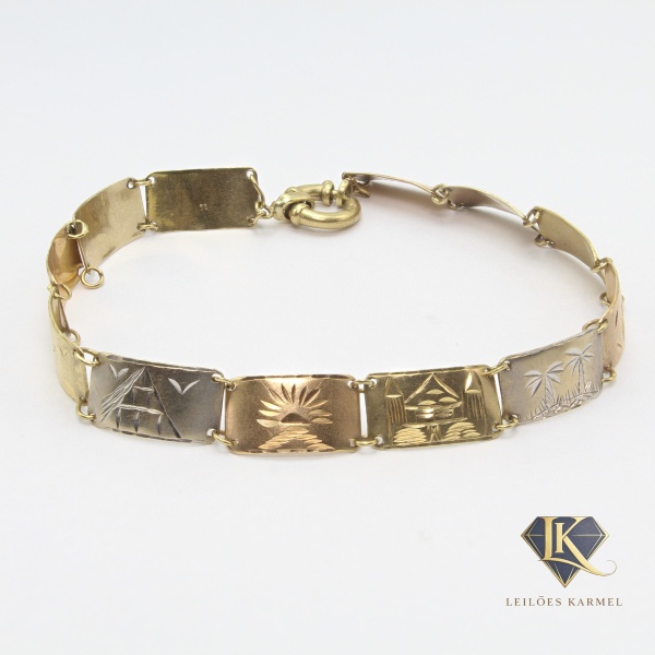 Pulseira Modelo Egípcio Tricolor em Ouro Amarelo 18K, 19cm de comprimento, Peso de 7.3 gr. Acompanha Certificado de Garantia Leilões Karmel.