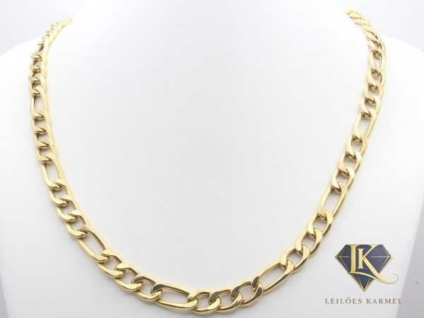 Corrente Elos Fígaro 3x1 em Ouro Amarelo 18K, 60cm de comprimento, Peso de 18.6 gr. Acompanha Certificado de Garantia Leilões Karmel.