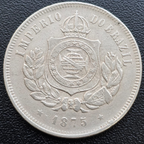 Moeda do Brasil Rara - 200 Réis 1875 - V-018 - Fundo Liso - Cupro-Níquel - Império D. Pedro II - Exc