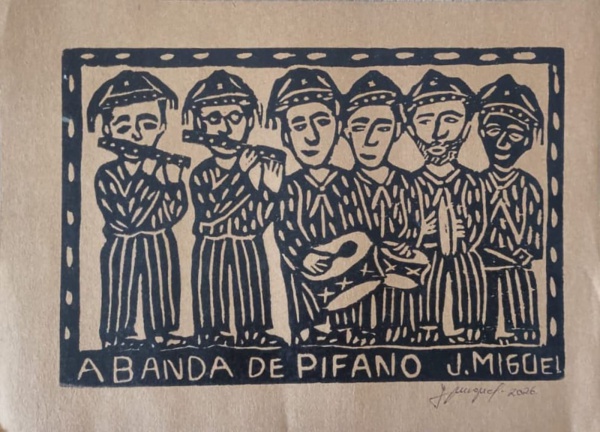 J. MIGUEL, Gravura, Representando " A Banda de Pifano ", Sem Moldura medindo 22 x 33 cm