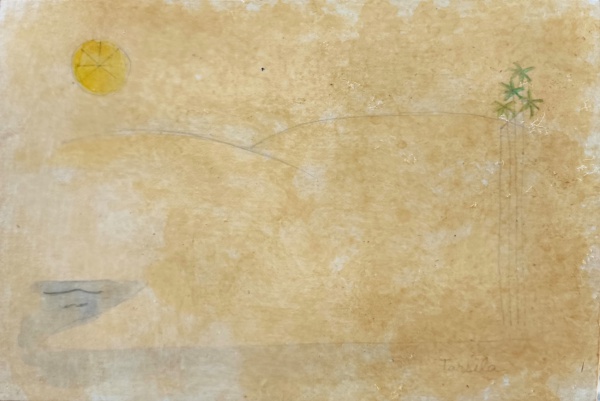 TARSILA, Técnica mista sobre Papel colada em Madeira, Representando " Paisagem ", Sem Moldura medindo 13,5 x 19,5 cm