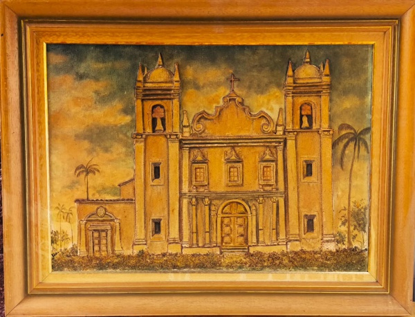 KADU, Técnica Mista sobre Tela, Representando " Igreja ", Com Moldura medindo 89 x 69 cm e Medida Interna 49 x 69 cm.