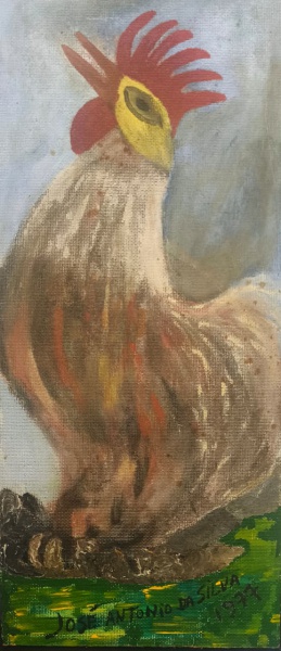 JOSÉ ANTÔNIO DA SILVA, Óleo sobre placa, Representando " Galo " e " Mulher " no Verso do Quadro, Medindo 0,55m x 0,25m Sem Moldura, Acompanha com Documento da Obra